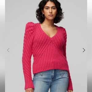 White House Black Market V-Neck Puff Sleeve Cable Pullover Sweater - Siz…